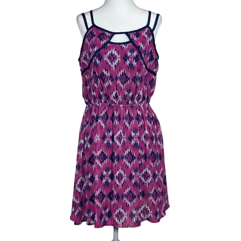 Eyeshadow Strappy Pink & Navy Ikat Print Mini Dress